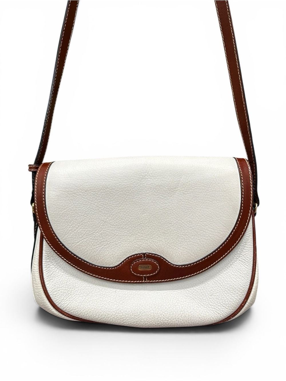 Vintage Bally White & Cognac Leather Shoulder Bag Made In Italy